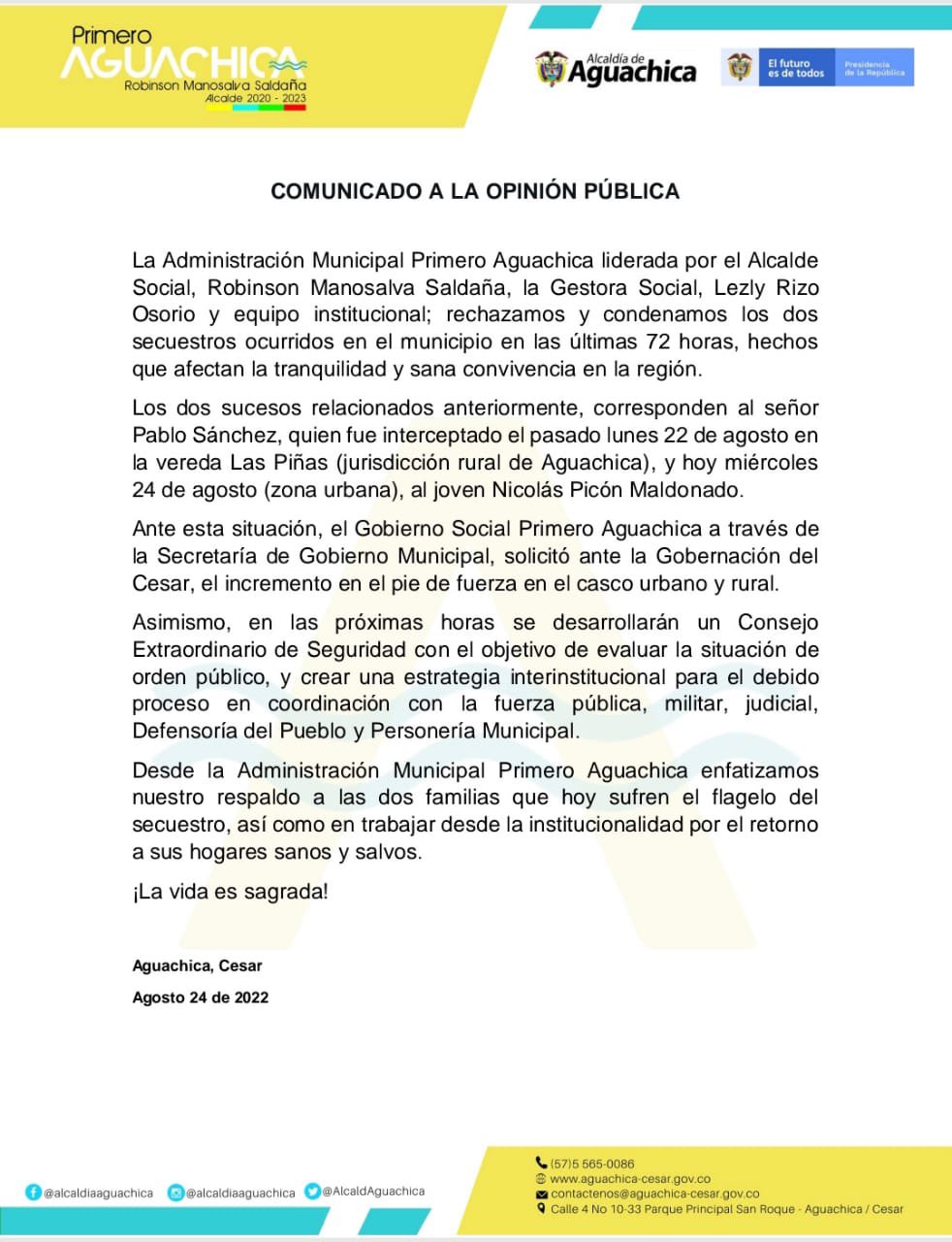 Comunicado de prensa de la Alcaldía de Aguachica tras el secuestro de dos personas. 