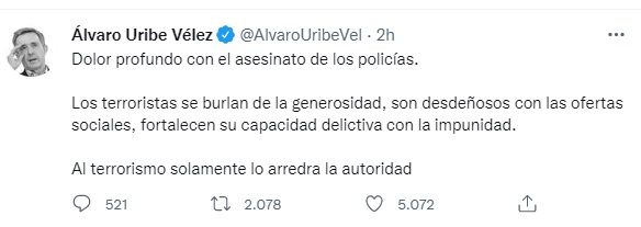 El rechazo del atentado que escribió el expresidente Uribe.