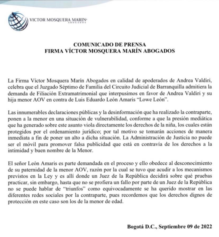 Comunicado de prensa de la firma Víctor Mosquera Marín Abogados.