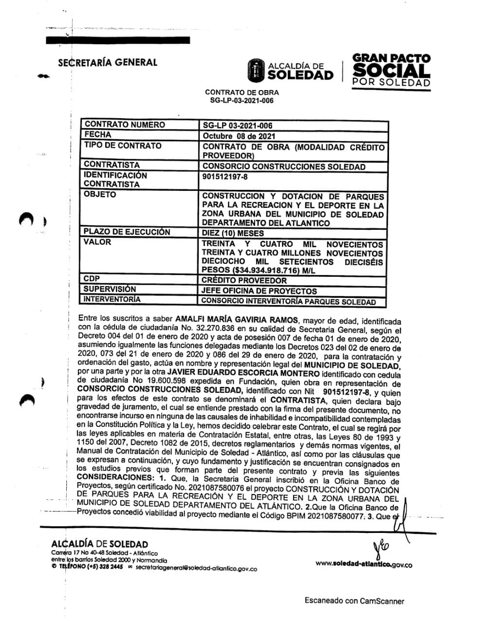 El contrato firmado con el consorcio Construcciones Soledad.