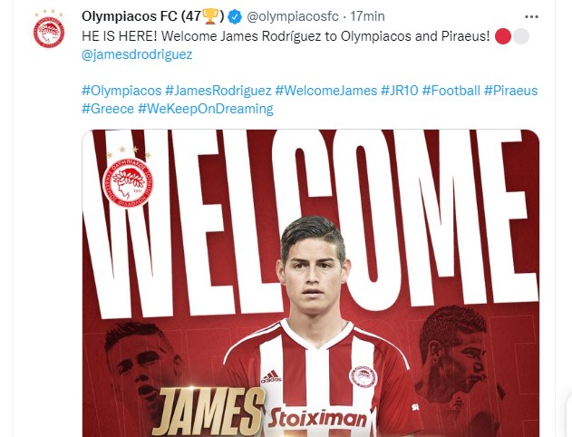 Olympiacos le dio la bienvenida a James Rodríguez en sus redes sociales.