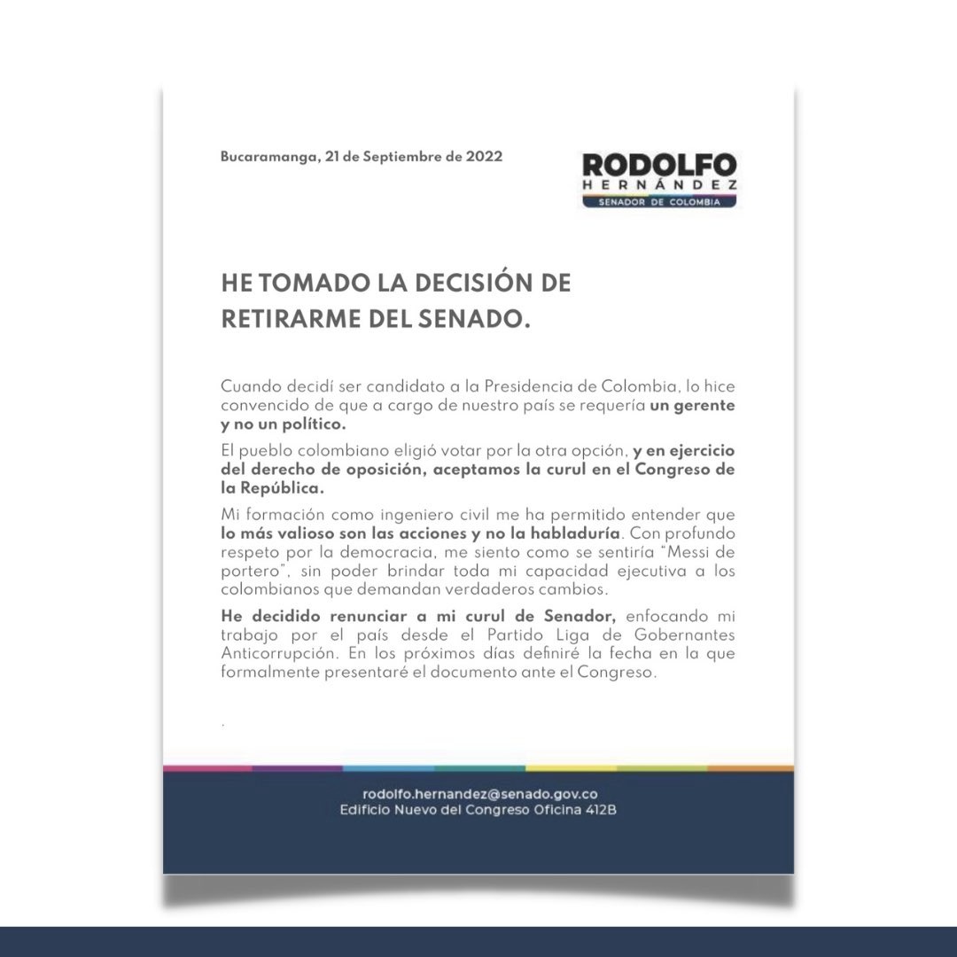 Comunicado de prensa de Rodolfo Hernández.