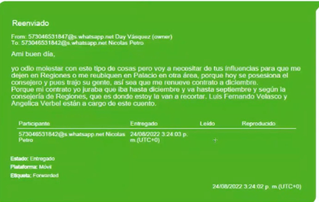 El mensaje de Days para que a un amiga la posicionen en el Palacio, es decir, la Casa de Nariño, en algún cargo.