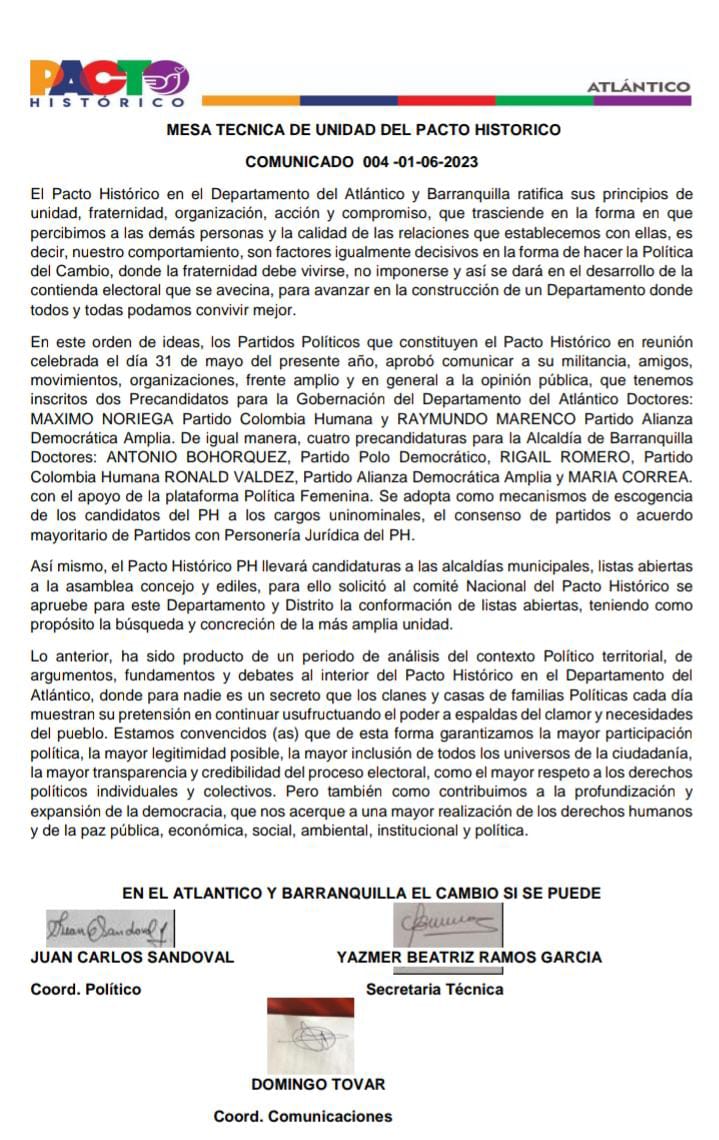 Pronunciamiento del Pacto Histórico sobre precandidatos inscritos para Gobernación del Atlántico y Alcaldía de Barranquilla