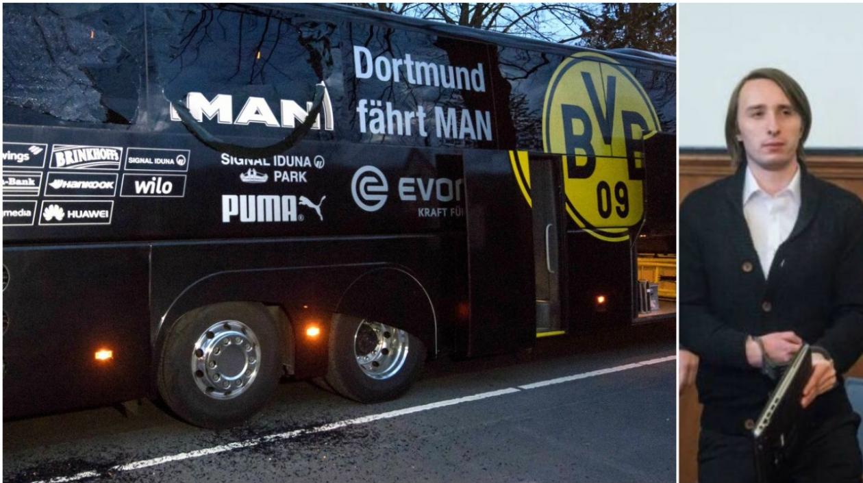 Bus del Dortmund después de la explosión y Sergei W., autor del atentado.