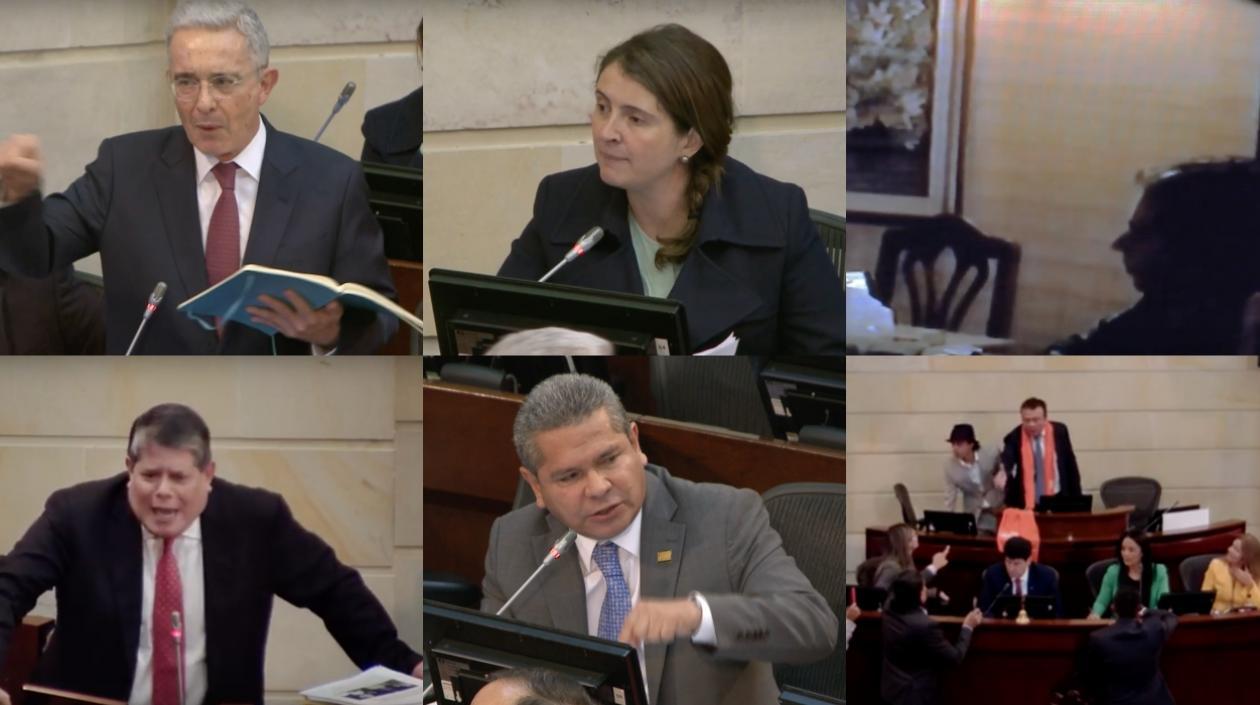 Los senadores Álvaro Uribe, Paloma Valencia, Antonio Zabaraín, Luis Pérez y el video de Petro.
