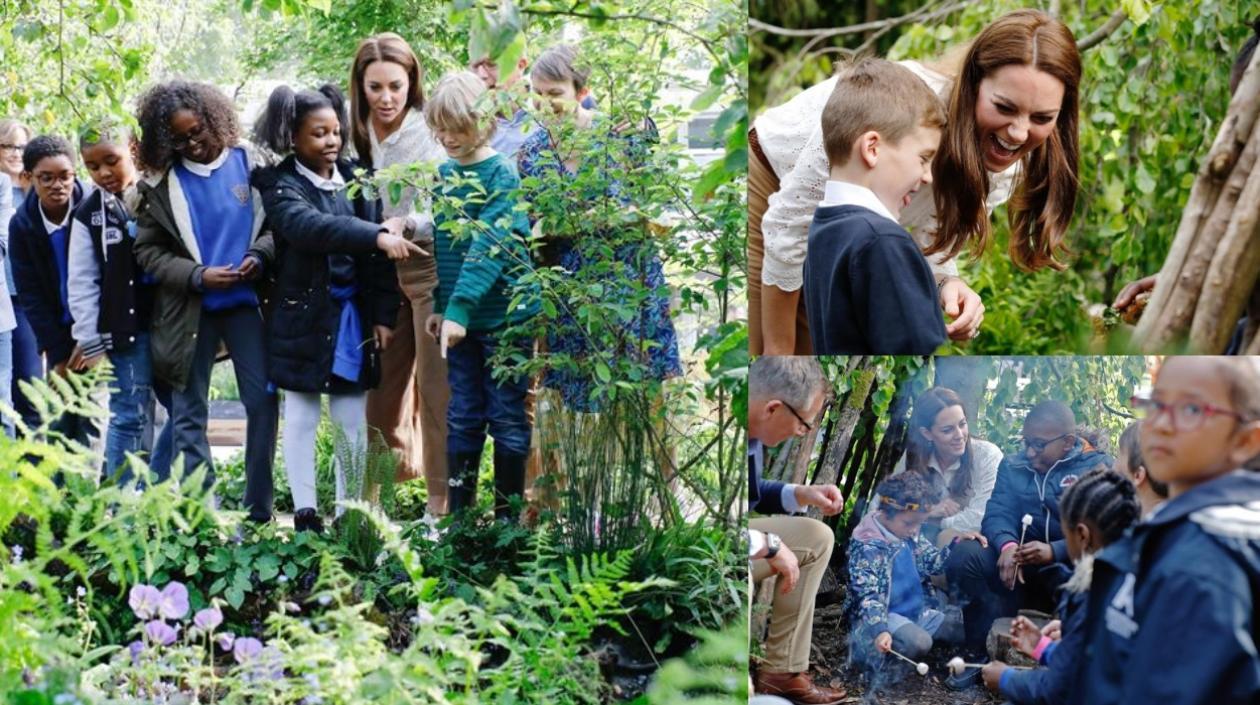 La duquesa de Cambridge con los niños en el jardín.