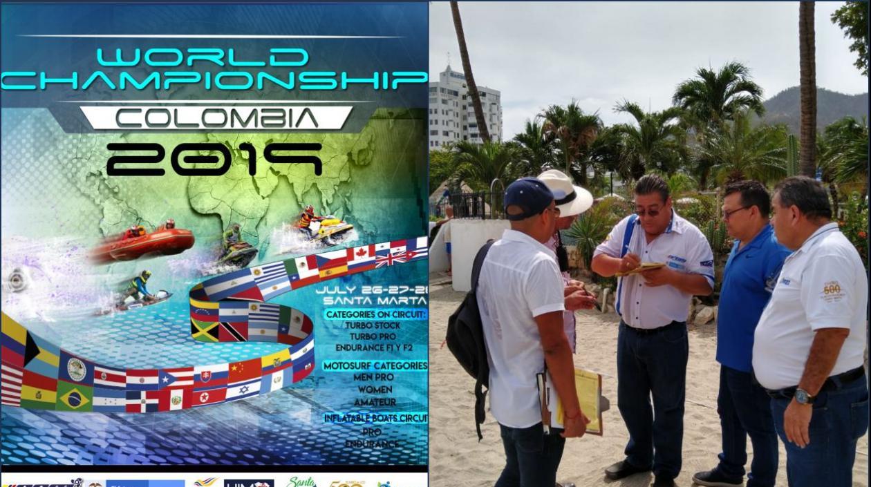 El presidente de la Federación Colombiana de Motonáutica, jueces generales de competencia y el director del Inred, ultiman detalles de la logística del evento.