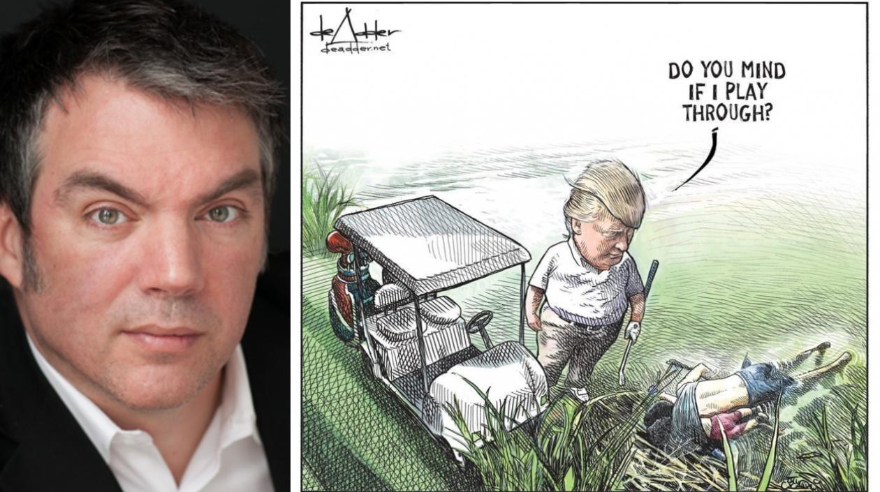 El caricaturista canadiense Michael de Adder y el dibujo de Donald Trump.