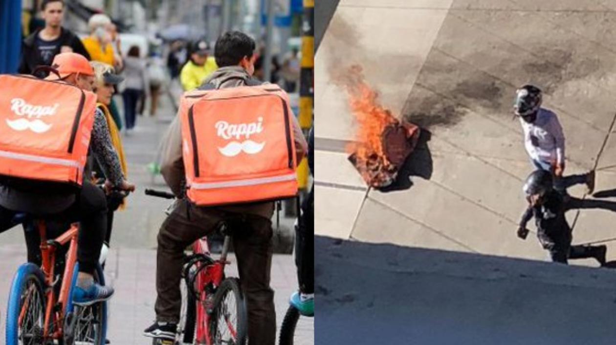 Momentos en que rappitenderos protestan quemando las maletas.