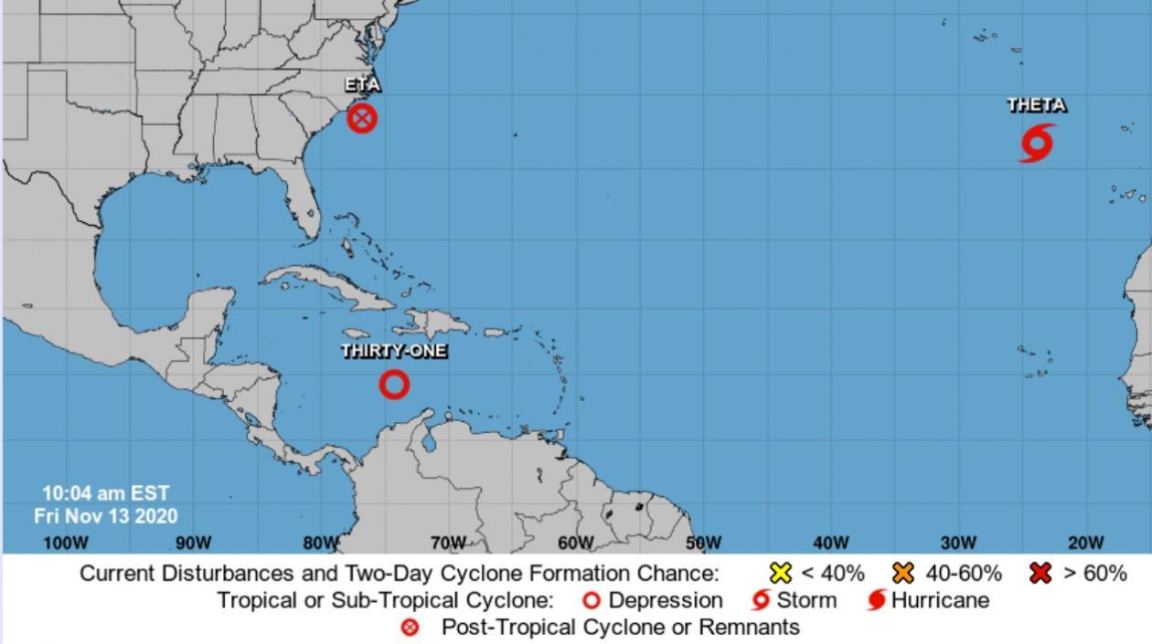 El círculo rojo es donde se halla la depresión tropical en el Mar Caribe. 