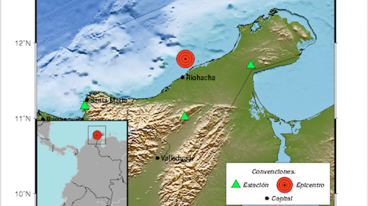 Mapa del sismo registrado hoy en La Guajira.