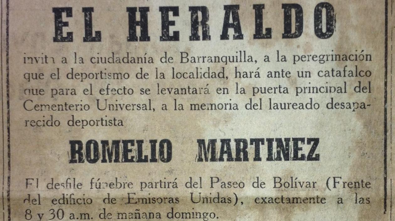 Recorte del periódico sobre la muerte de Romelio Martínez.