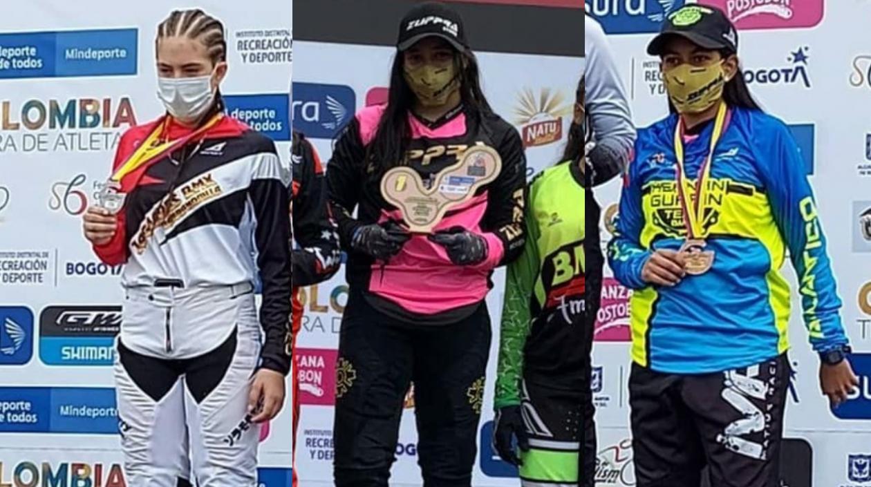 Daniela Pedraza (plata), Sharid Fayad (oro) y Sofia Arriera (bronce) en sus podios. 