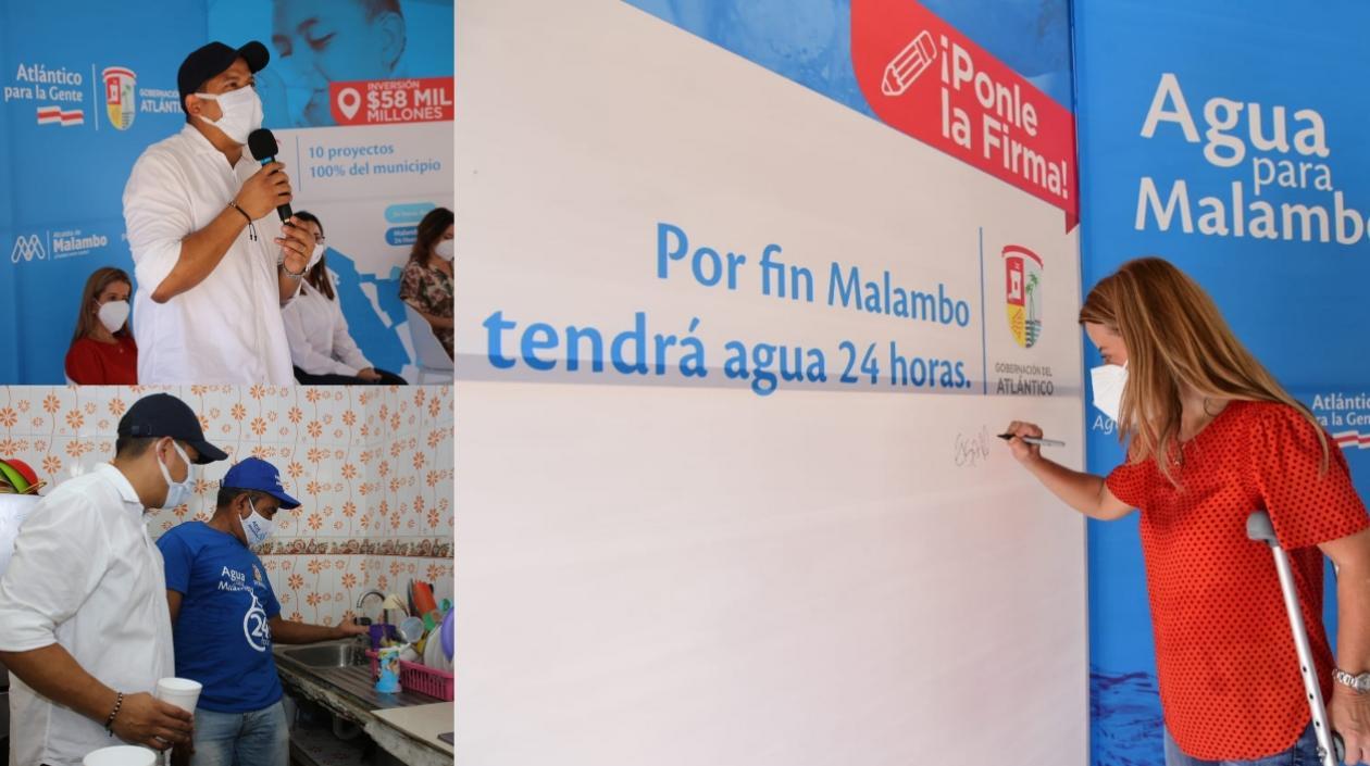 La Gobernadora del Atlántico, Elsa Noguera, y el alcalde Rumenigge Monsalve, en la firma del compromiso 'Agua para Malambo 24 horas'