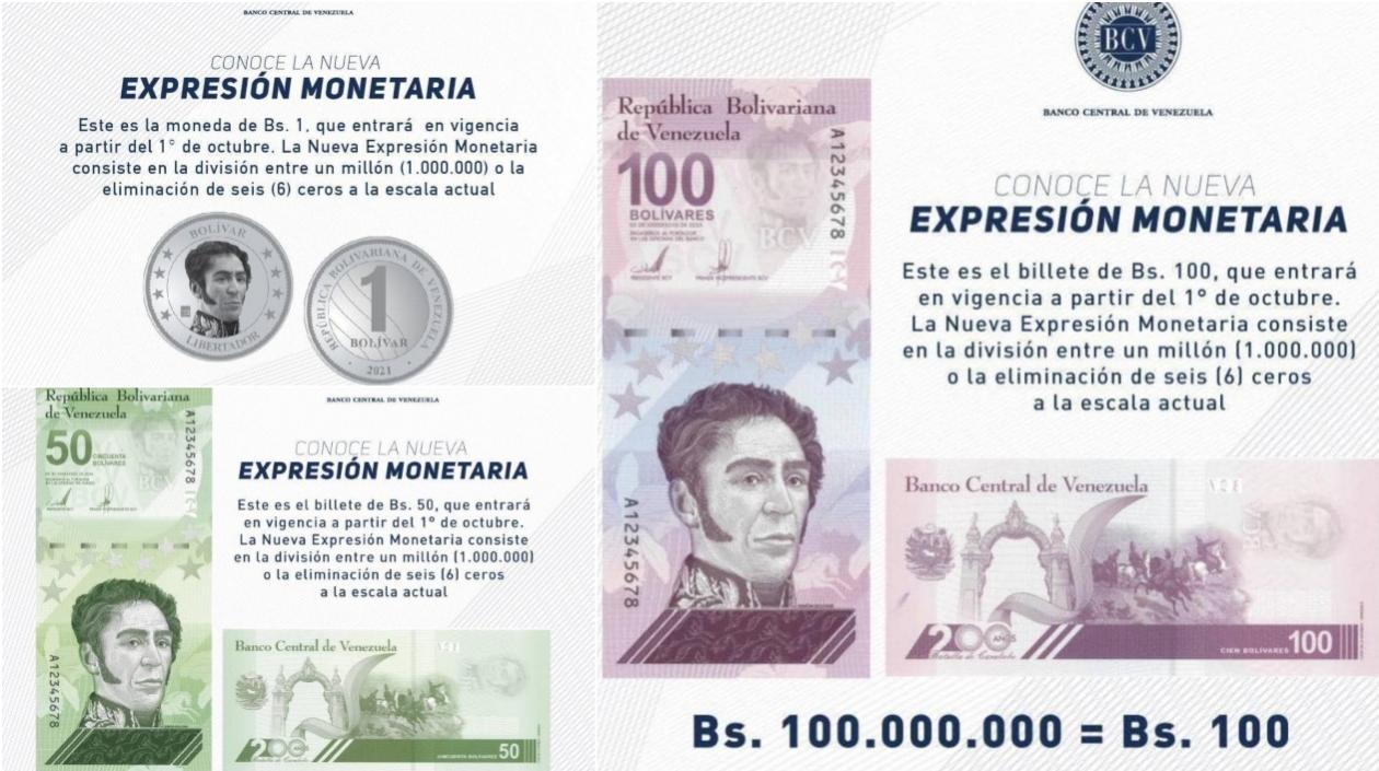Venezuela  tendrá una moneda de un bolívar y billetes de 5, 10, 20, 50 y 100 bolívares.