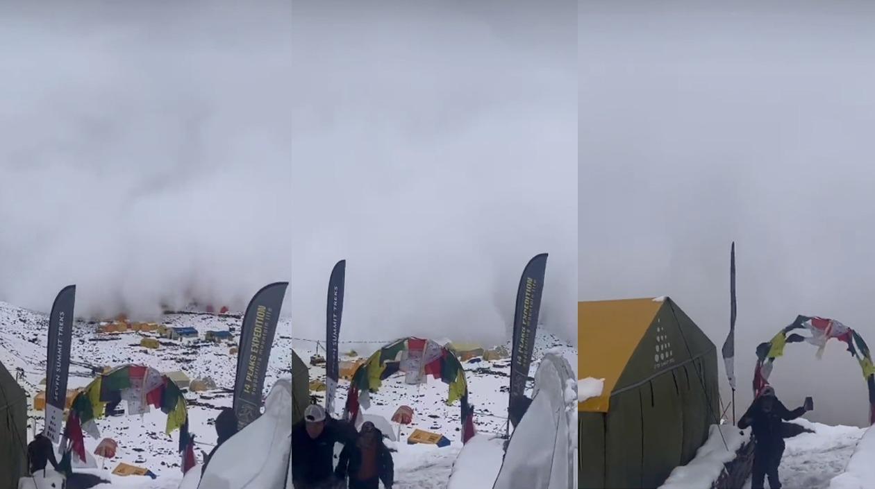 Montañistas huyen de la avalancha que baja de manera violenta por el Himalaya