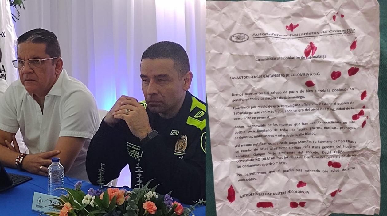 Alcalde Jorge Manotas reunido con la Policía, a un lado el panfleto.