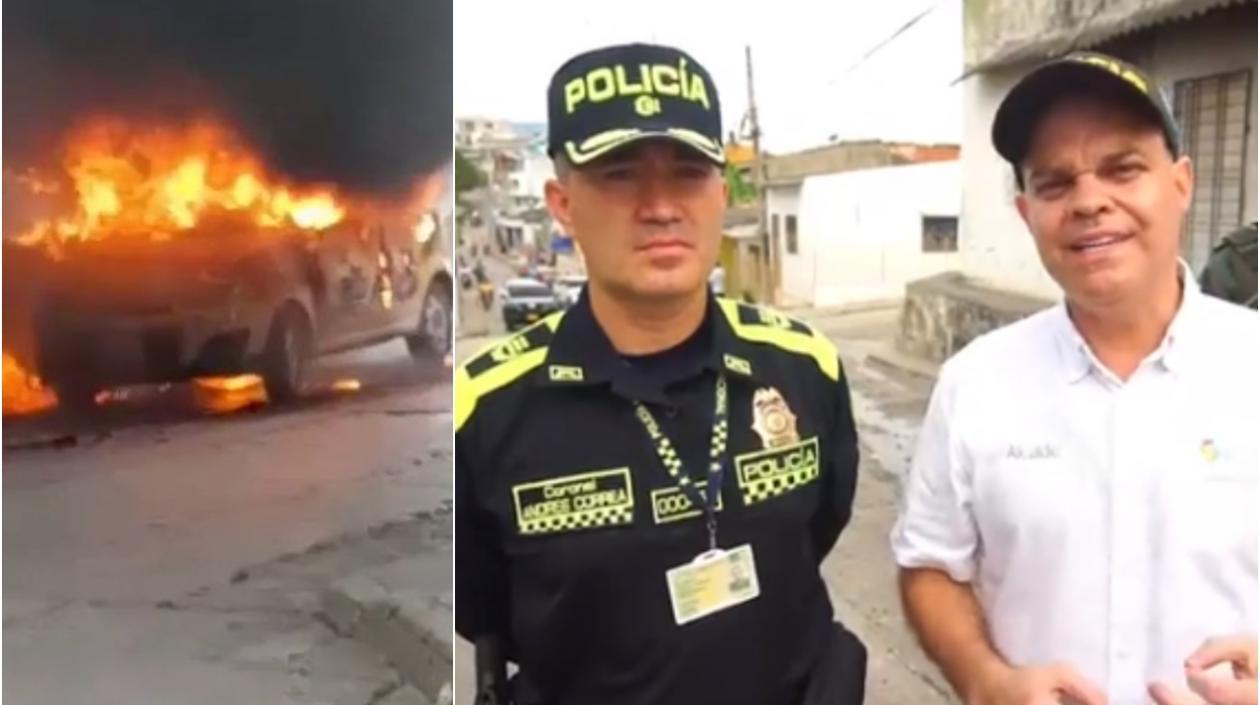 Taxi incendiado en Sincelejo. Coronel Carlos Andrés Correa de la Policía de Sucre y el Alcalde Andrés Gómez.