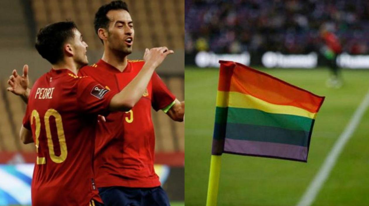 Selección España y bandera LGTBI. 