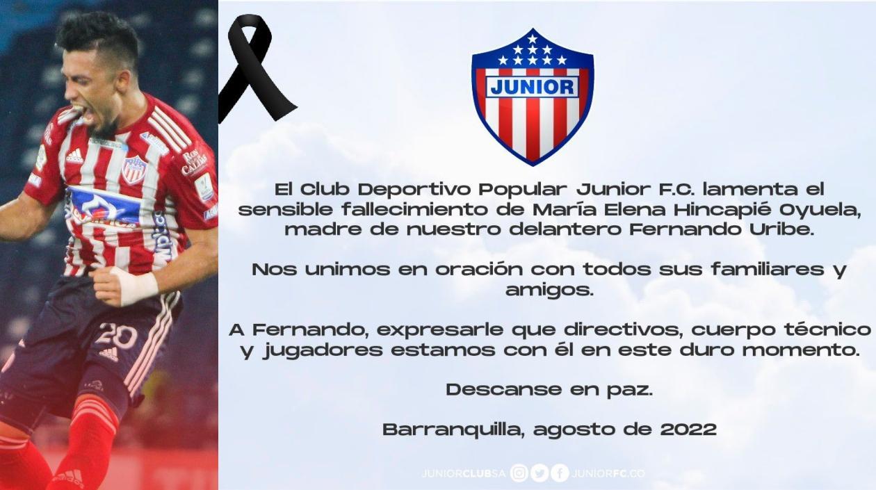 Fernando Uribe y el comunicado de Junior.