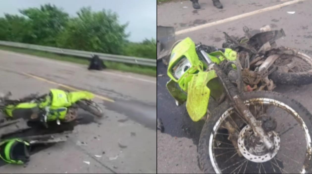Así quedó la motocicleta en la que se movilizaban los patrulleros tras el accidente. 