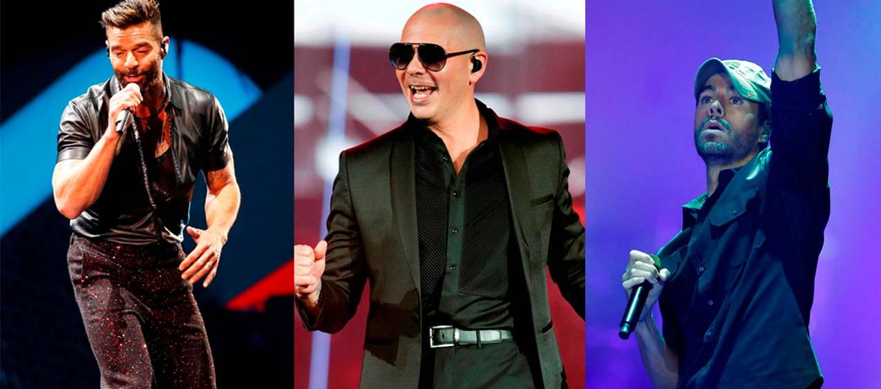 Los cantantes Enrique Iglesias, Ricky Martin y Pitbull 