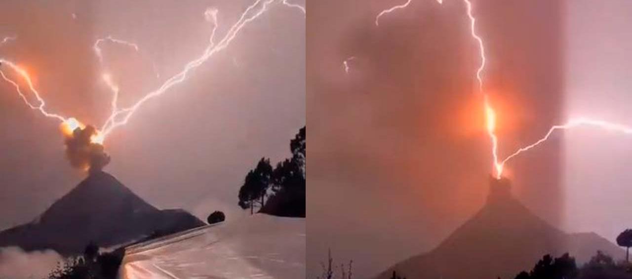Dos escenas del volcán de fuego em Guatemala en plena caída de los rayos