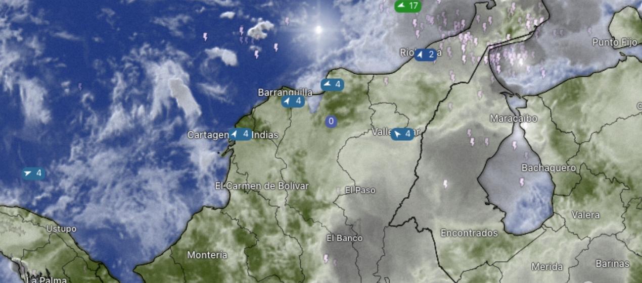 Imagen satelital de las condiciones nubosas en la Región Caribe. 