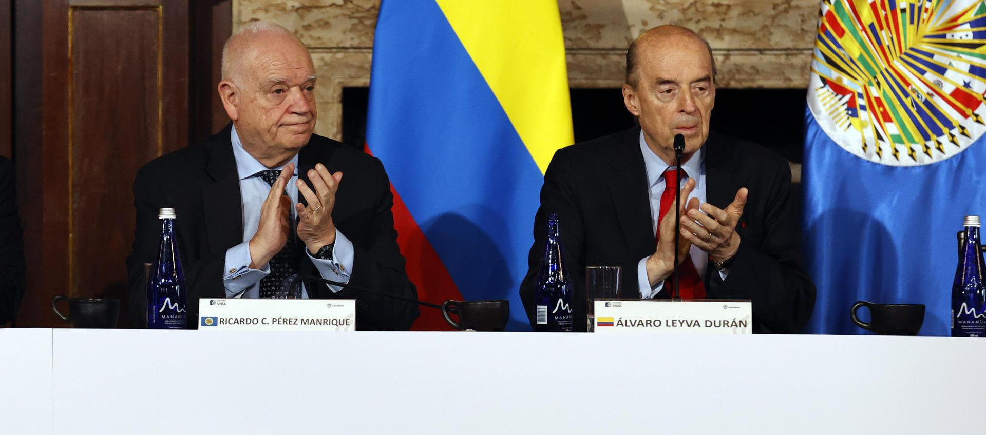El presidente de la CIDH, Juez Ricardo Pérez Manrique, y el canciller de Colombia, Alvaro Leyva, en el inicio del periodo ordinario de sesiones.