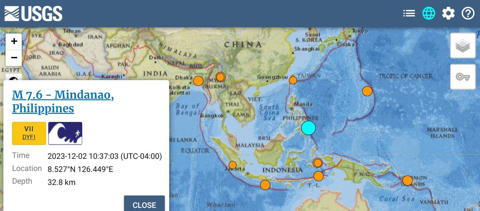 El terremoto se registró a unos 21,2 kilómetros al sureste de la población de Hinatuan