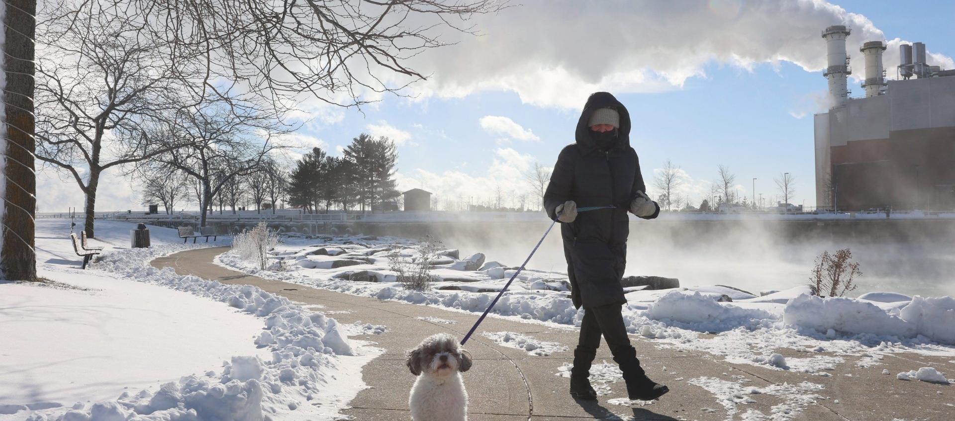 Un ciudadano y su mascota caminan entre la nieve este viernes en Nueva York