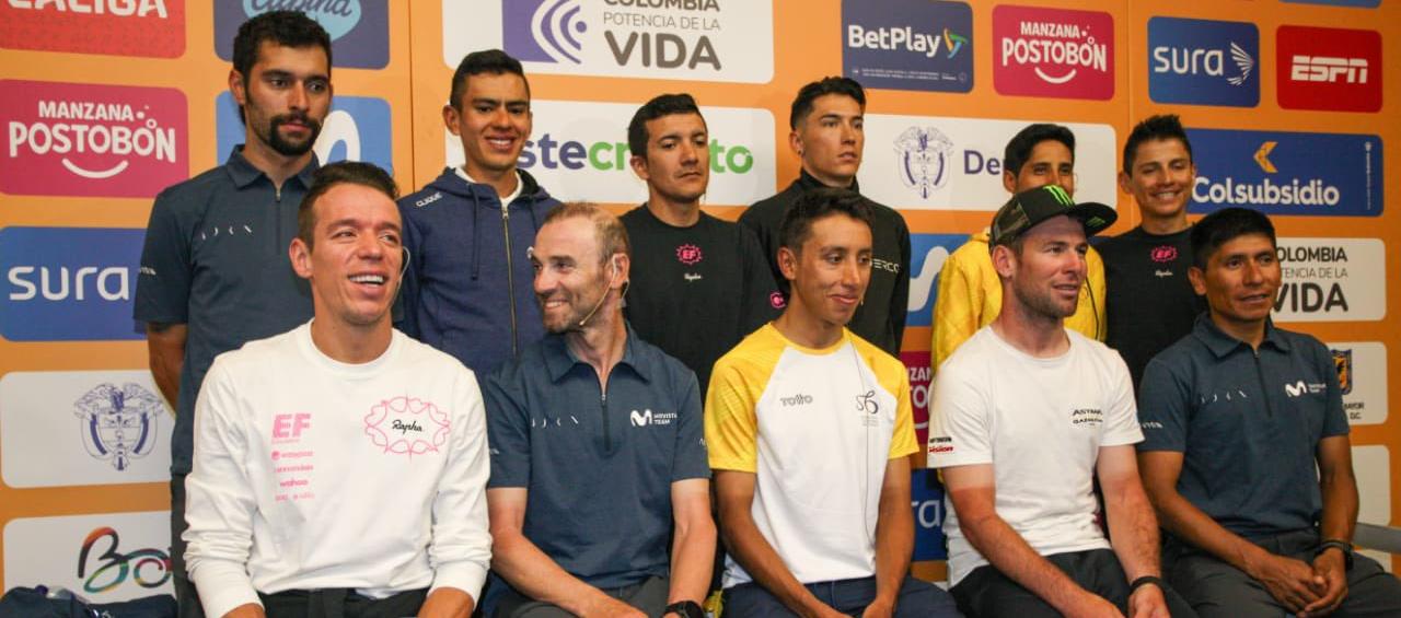 Rigoberto Urán, Alejandro Valverde, Egan Bernal, Mark Cavendish y Nairo Quintana, entre otros, durante la presentación del Tour Colombia. 