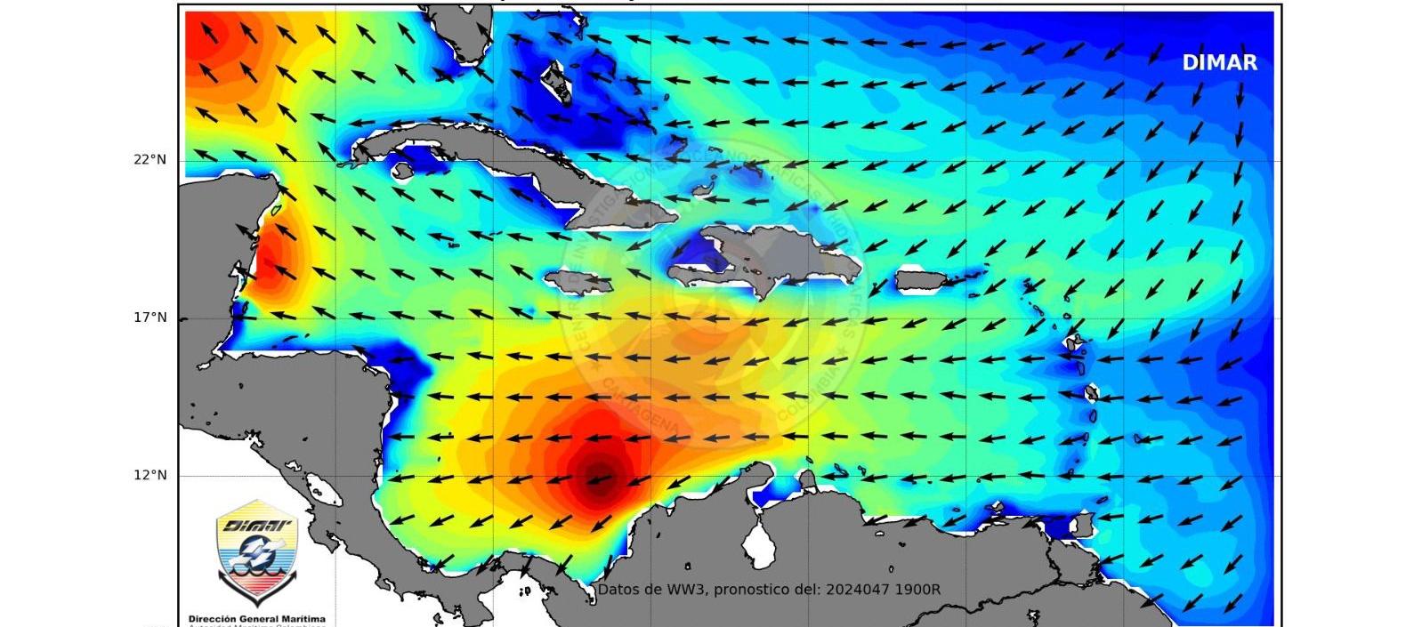 Localización de los vientos en el Mar Caribe. 