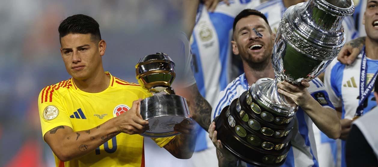 James Rodríguez con el trofeo de mejor jugador de la Copa América y Lionel Messi con el de campeón. 