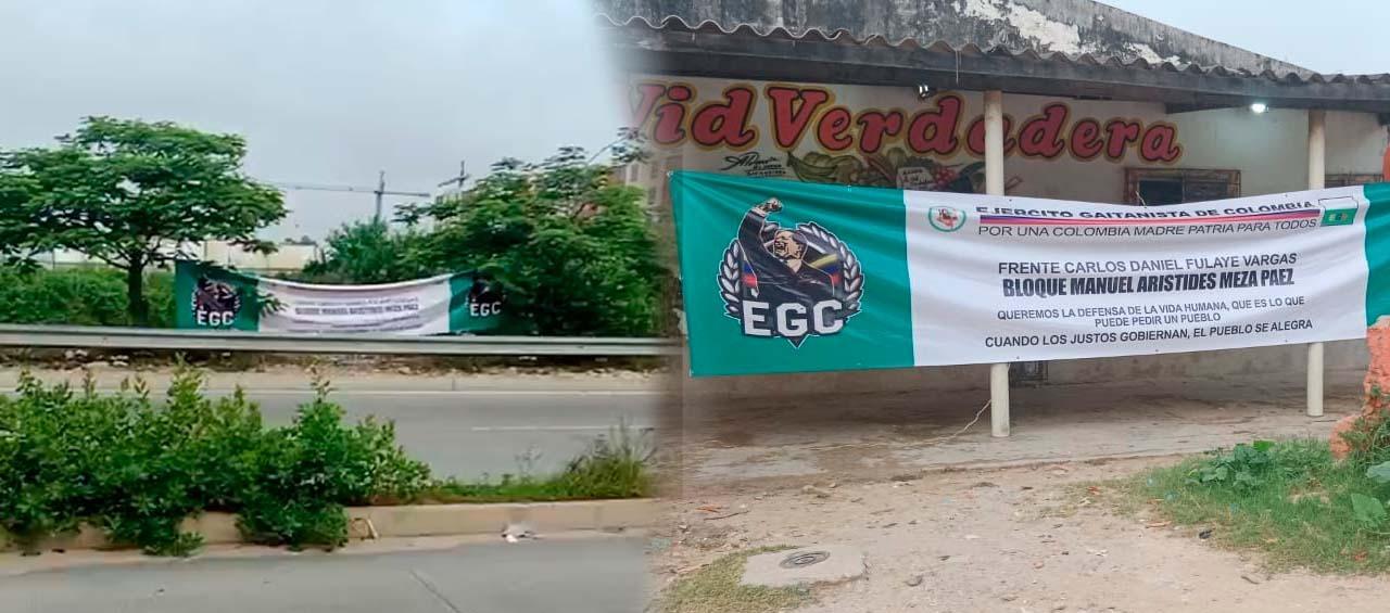 Pendones del 'Clan del Golfo' en la Avenida El Platanal y en el barrio Ciudad Paraíso. 