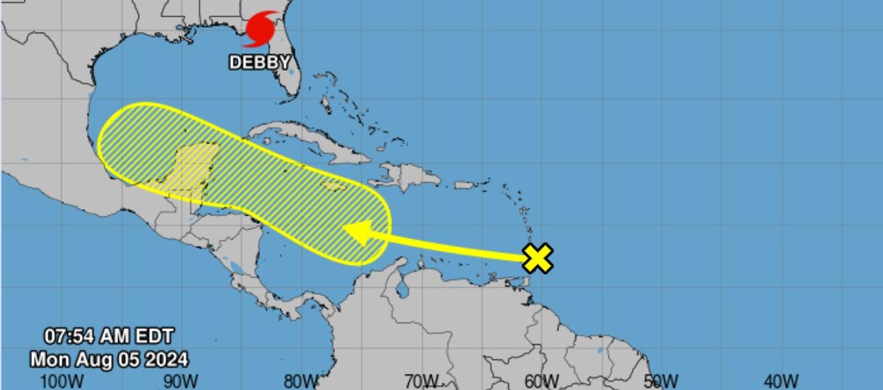 Franja amarilla por donde hará tránsito la nueva onda tropical, cerca de Colombia. 