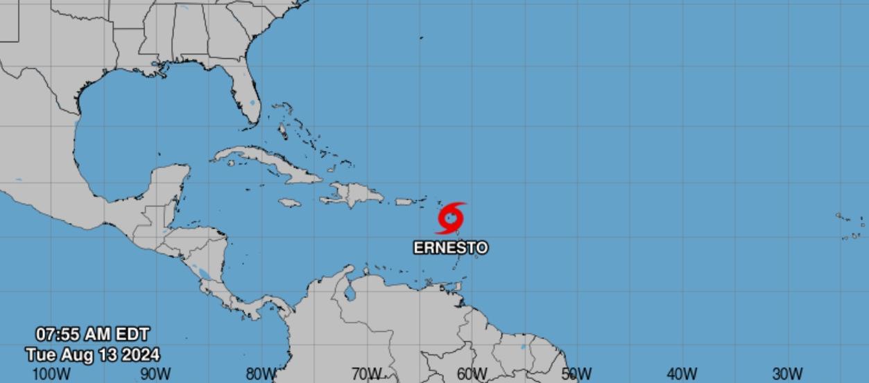 Lugar donde se encuentra en la mañana de este martes la tormenta tropical Ernesto. 