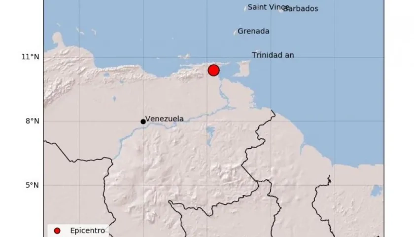 El punto rojo es el epicentro del sismo ocurrido esta tarde, que se sintió en Colombia y Venezuela.