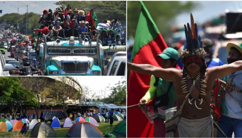  Indígenas del suroeste de Colombia participan en una caravana hoy, por la vía Panamericana hacia la ciudad de Cali.