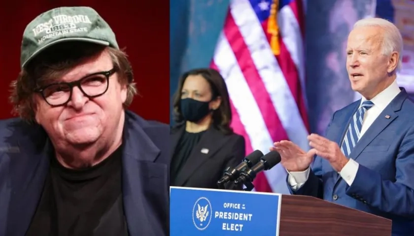 Michael Moore, Kamala Harris y Joe Biden.