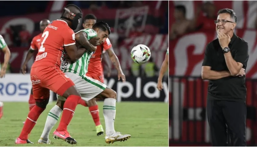 Marlon Torres, del América, disputa el balón con Jefferson Duque de Nacional. En la otra foto, el técnico Juan Carlos Osorio.