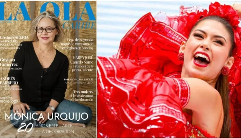 La diseñadora Mónica Urquijo en la portada de La Ola Caribe. A la derecha, la reina del Carnaval 2022, Valeria Charris. 