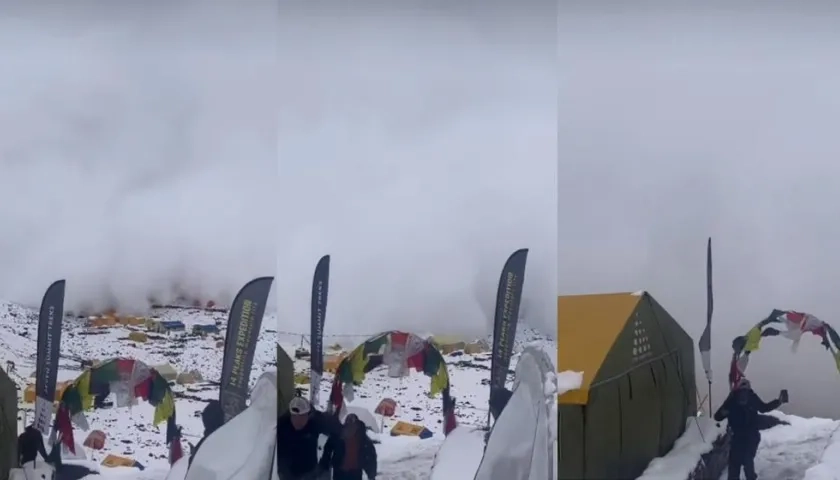 Montañistas huyen de la avalancha que baja de manera violenta por el Himalaya.