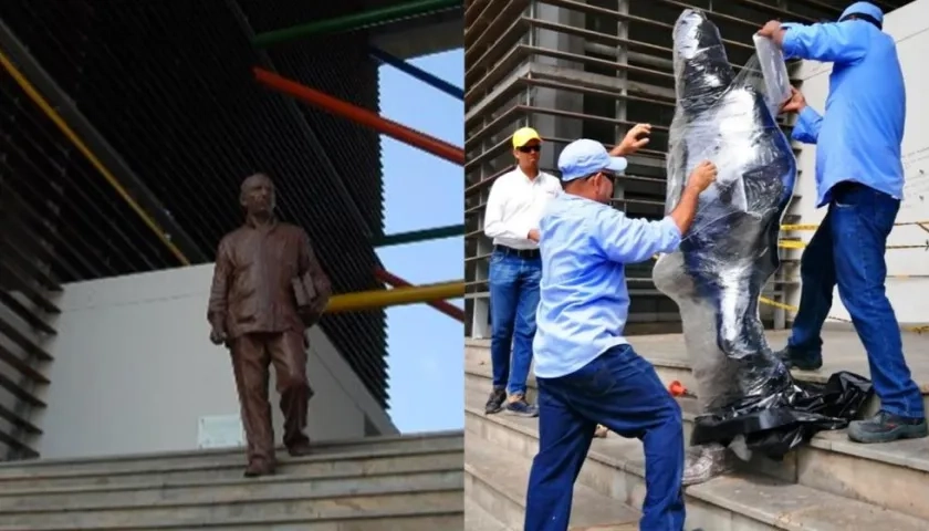 El proceso de embalaje de la escultura de Gabo en el Parque Cultural del Caribe.