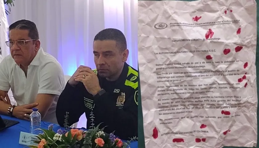 Alcalde Jorge Manotas reunido con la Policía, a un lado el panfleto.