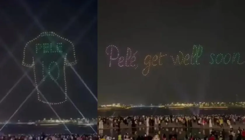 Los 150 drones dibujaron la camiseta y la frase "Pelé, mejórate pronto".