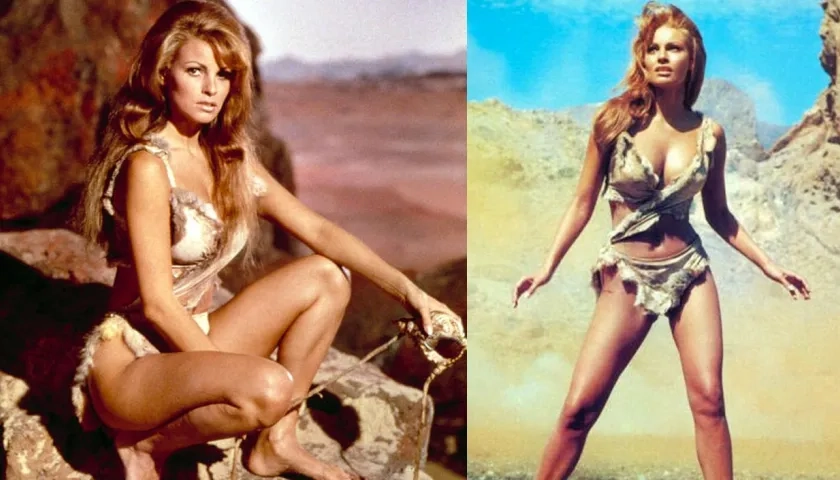Raquel Welch con su icónico bikini en dos imágenes de archivo.