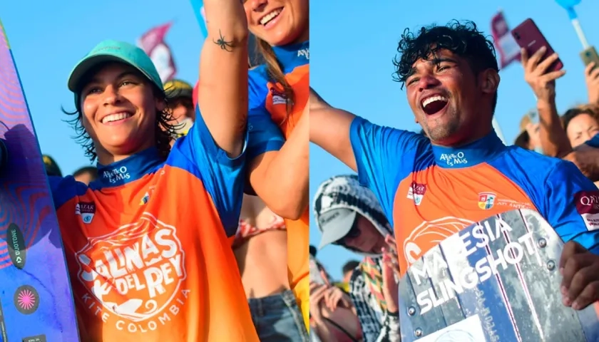 Mikaili Sol y Carlos Mario, ambos de Brasil, campeones de Salinas del Rey en el Mundial de Kitesurf 2023.