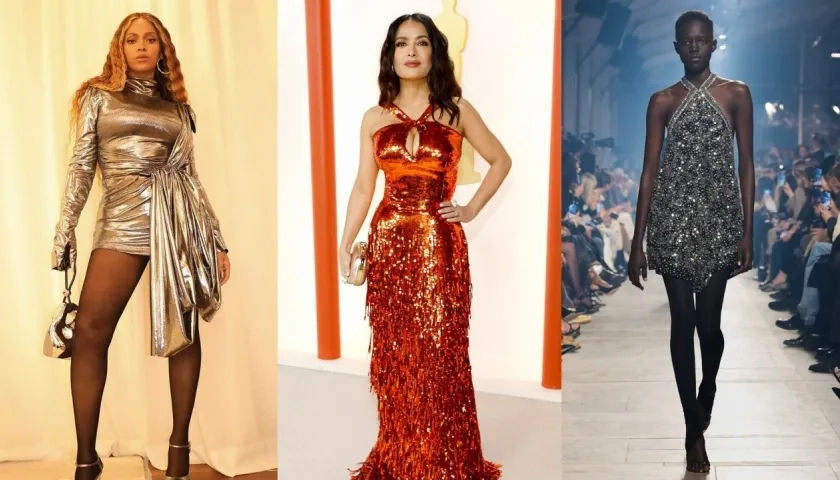 La cantante Beyonce, la actriz Salma Hayek y la modelo Alaato Jazyper Michael lucen vestidos metalizados